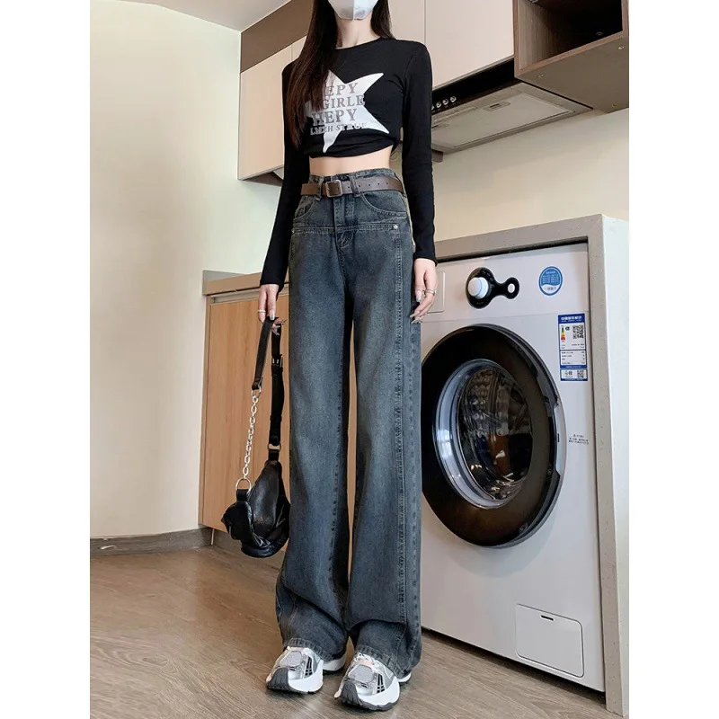 Advanced Cement Grey High Waisted Wide Leg Jeans for Women's New Retro Loose Straight Leg Floor Pants 2