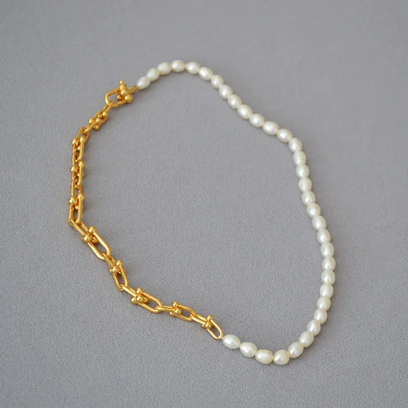 Cool Gradient U-shaped Choker INS Trendy Buckle Chain Freshwater Pearl Gold-plated Brass Necklace