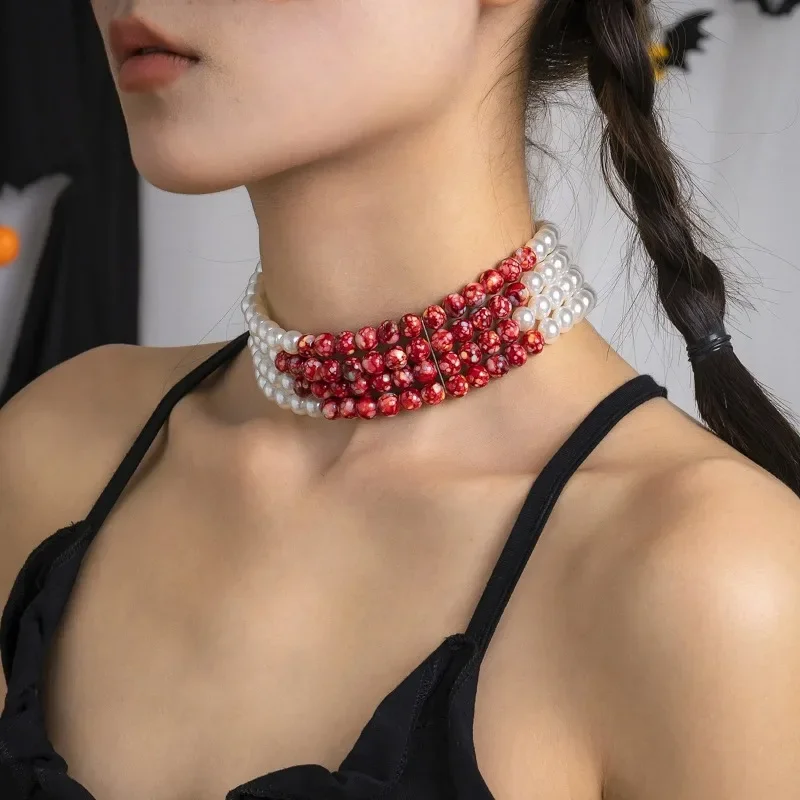 Gothic Blood Drop Fringe Pearls Halloween Party Choker Necklace for Girl Vampire Party Costume Personalized Multi-layer Necklace