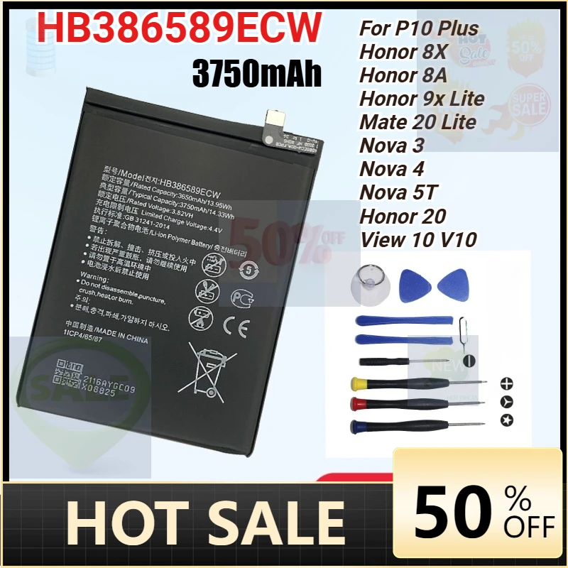 Batteria per Telefono Cellulare HB386589ECW 3750mAh per Huawei P10 Plus Honor 8X 8A View 10 V10 Mate 20 Lite Nova 3 4 5T V10