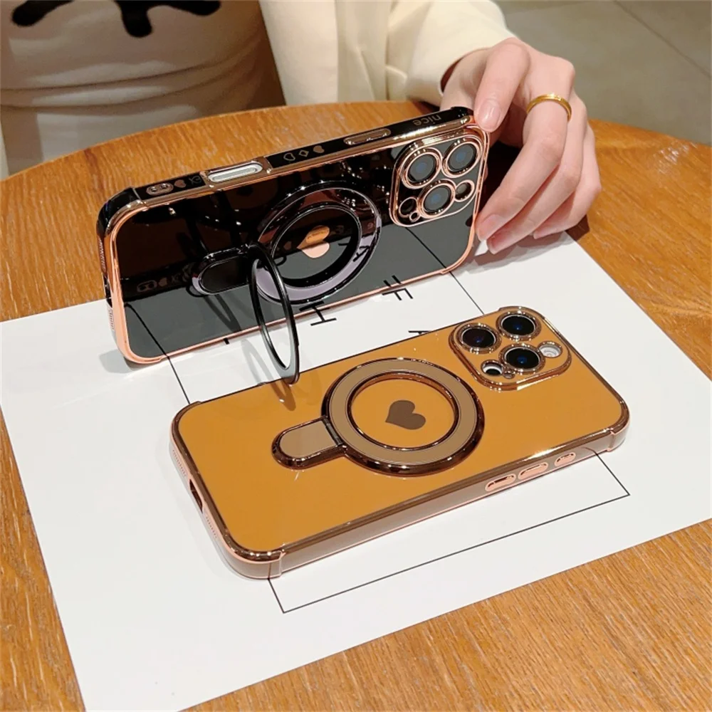 Magnetic Love Heart Stand Holder Phone Case with Plating
