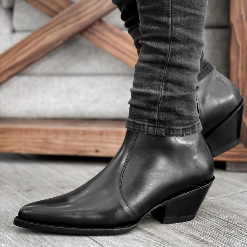 Genuine Leather Men Chelsea Boots Black Zipper Boots for Men Vintage Motorcycle Ankle