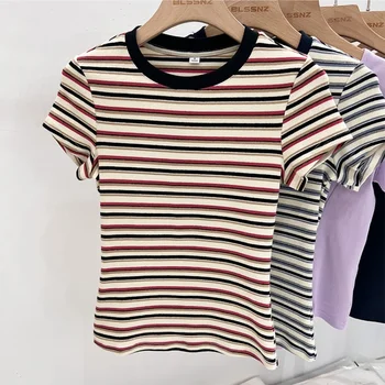 AOSSVIAO 2025 سليم صالح تي شيرتات قصيرة الاكمام المرأة موضة الكورية نمط س الرقبة كتلة اللون مخطط علوي الصيف مثير القمم 4