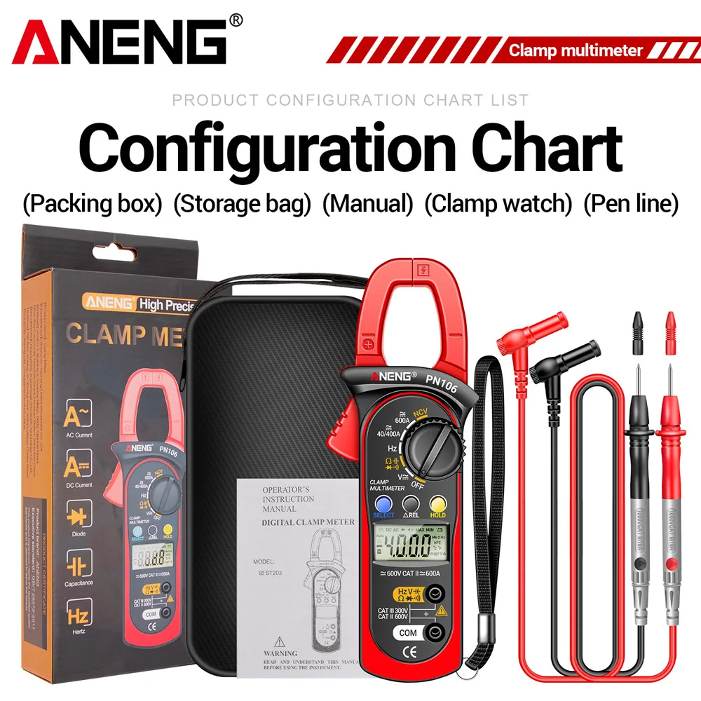 Digital Multimeter ANENG PN106/ PN107 4000 Counts Clamp Meter 600A 600V AC/DC Voltage Diode Buzzer Test