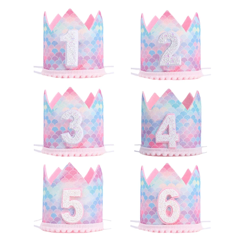 1pcs Mermaid Birthday Rainbow Crown Cap 1st 2nd 3rd Years Kids Baby Shower Hat With Rope Birthday Headband Mermaid Party Decor birthday crown