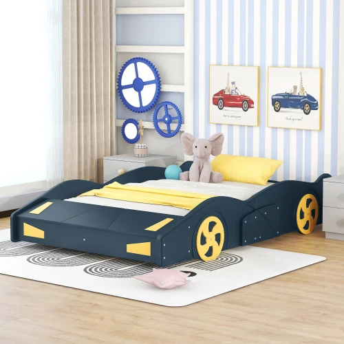 Full Size Race Car-Shaped Platform Bed with Wheels and Storage, Dark Blue+Yellow 3
