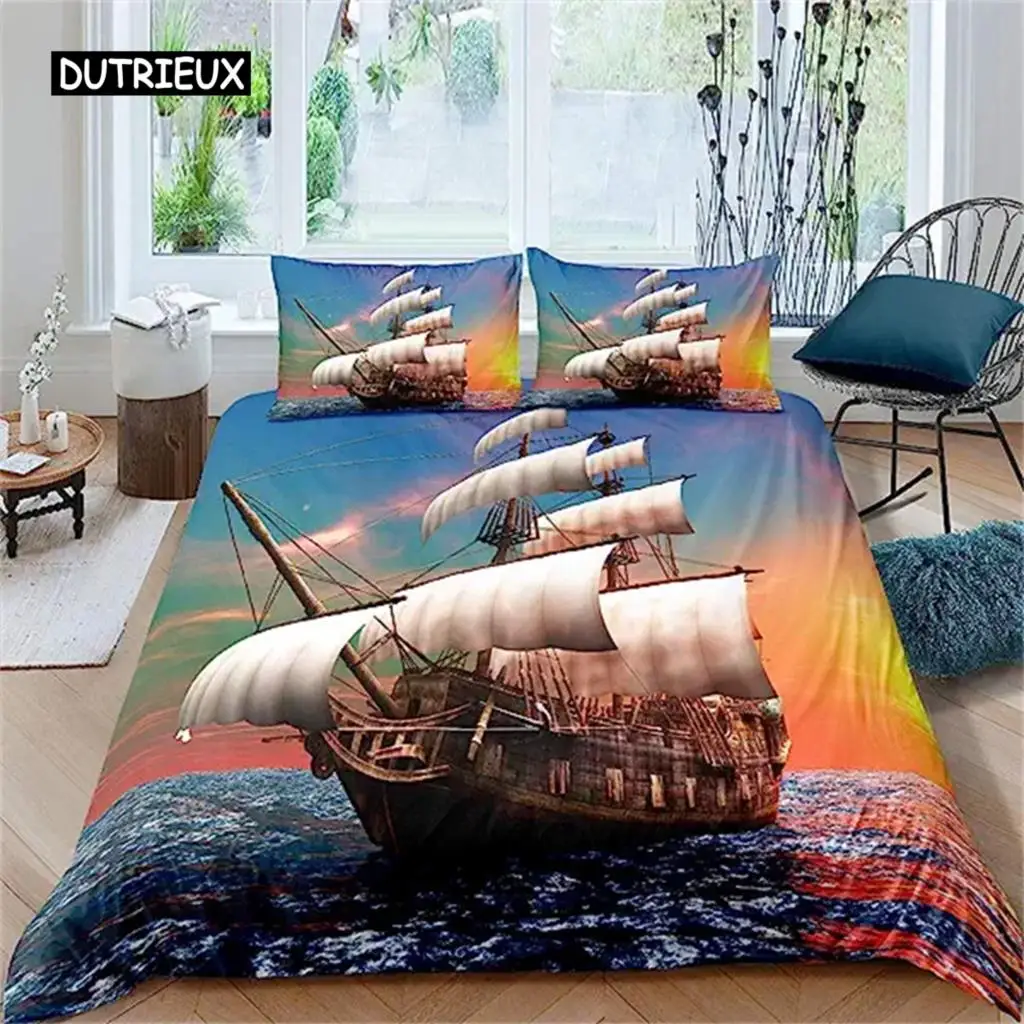 

Pirate Duvet Cover Sailboat Bedding Set Tropical Waters Maritime Style Comforter Cover Sunset Marine For Women Men Home Decor