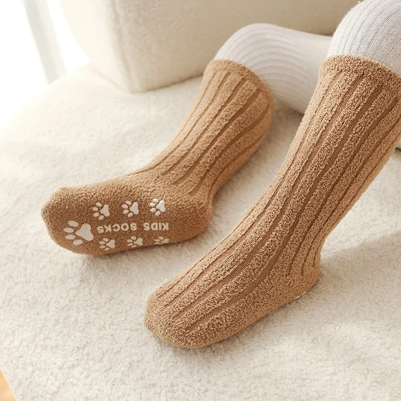 Cute Baby Cat Paw Silicone Anti Slip Socks for Girls Boys Plush Warm Winter Autumn Toddler Newborn Floor Thick Socks for Kids