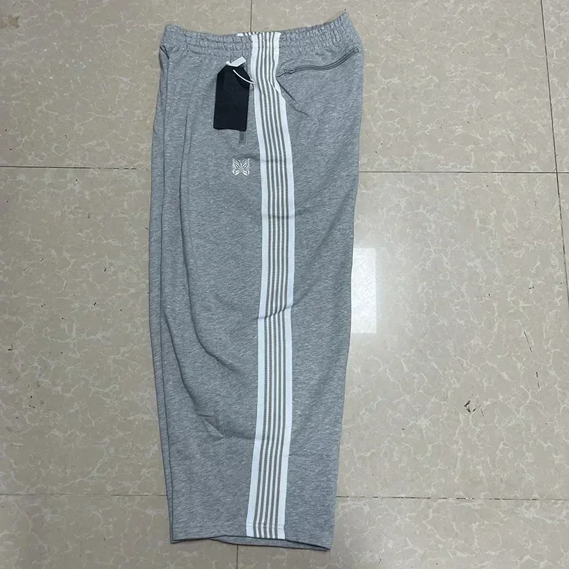 25SS Butterfly Embroidery AWGE Wide Leg Pants Men Women Grey Pure Cotton Oversized Striped Sweatpants 4