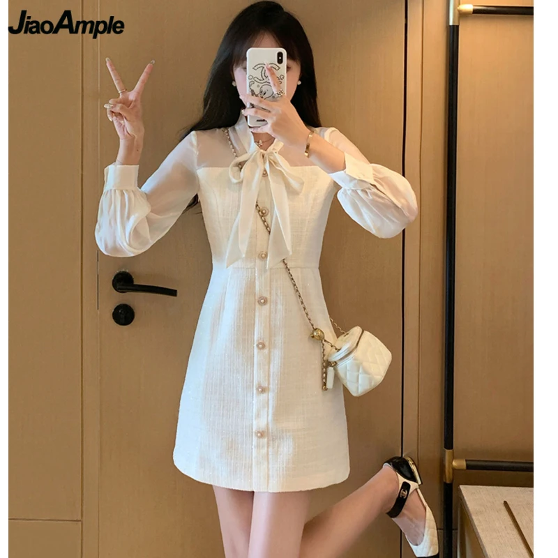 

Women Spring Autumn Graceful Bowknot Collar Mini Dress Korean Lady Tweed Chiffon Patchwork Long Sleeve Dresses 2024 New Clothing