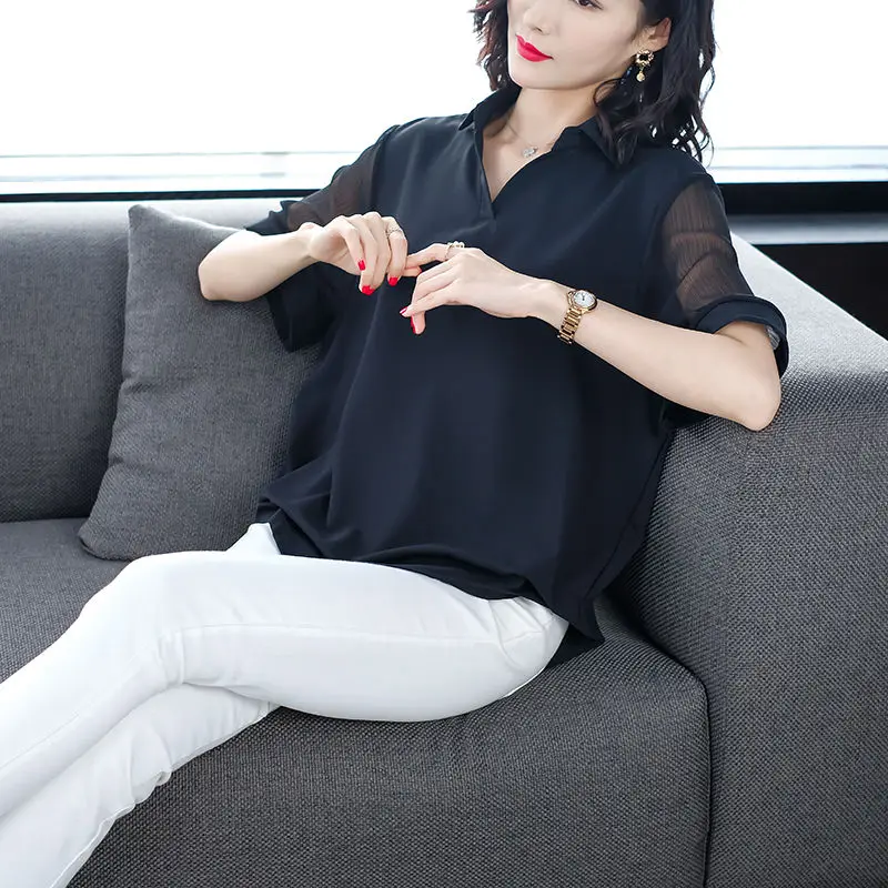 패션 라펠 단색 접합 반팔 쉬폰 셔츠, 캐주얼 상의, 느슨한 출퇴근 여성 의류 블라우스, 오버사이즈 여름