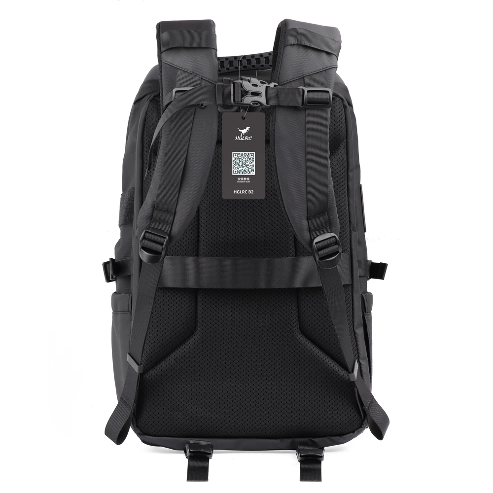 Ouverture du sac à dos HGLRC B2 montrant l'intérieur organisé pour protéger drone et appareil photo.