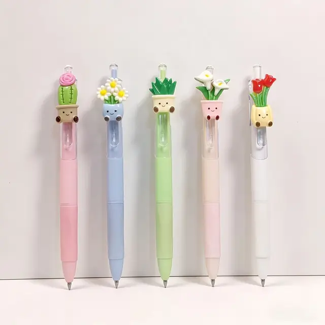 1/5Pcs Cute Plant Retractable Ballpoint Pen, 1.0mm Black Ink Pen for School Office Writing Stationery 1