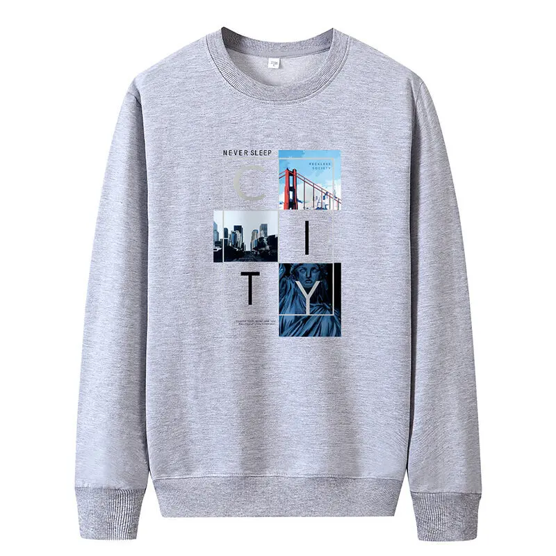 Men's Spring Autumn Pullover Round Neck Solid Letter Printed Lantern Long Sleeve T-shirt Hoodies Fashion Casual Loose Tops