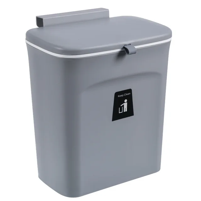 7L / 9L Wall Mounted Trash Can Bin With Lid Waste Bin Kitchen Cabinet Door Hanging Trash Bin Garbage Car Recycle Dustbin Rubbish Gray with cover 9L