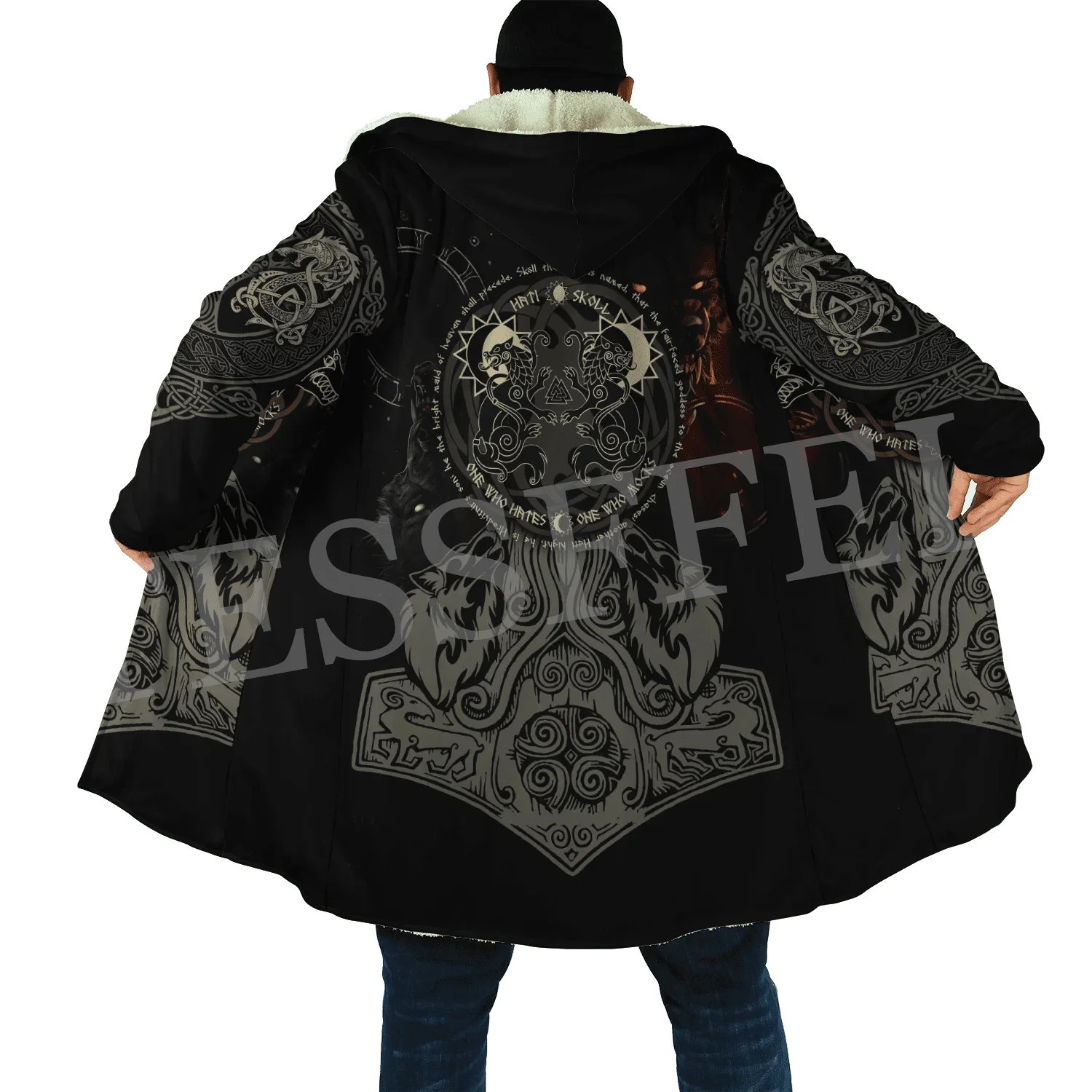 Wolf Fenrir Odin Nordic Warrior Mythology Tattoo Vintage Retro 3DPrint Windbreaker Winter Casual Hoodies Cloak Fleece Overcoat Q