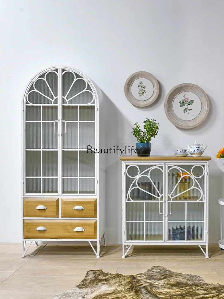 

Retro Iron Art Household High Cabinet Living Room Decoration Storage Cabinet with Glass Door