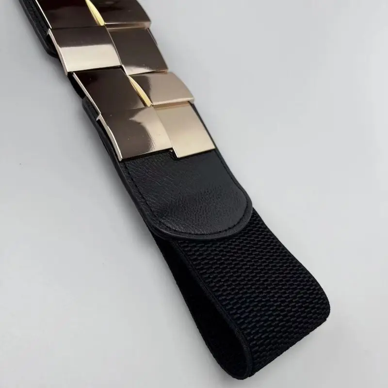 Elastischer, breiter Bund für Damen, klassisches Damen-Kleid mit mehrfarbiger quadratischer Schnalle, dekorativer, schmaler, dehnbarer Bund – Detail 3
