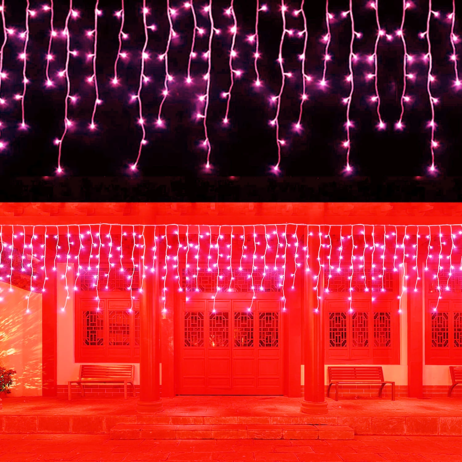 thumbnail image 1 of Decoraciones navideñas 2024 Guirnalda de calle para la casa Cortina de carámbanos de Año Nuevo Luces LED Decoración rosa Luces de hadas con control remoto, 1 of 5