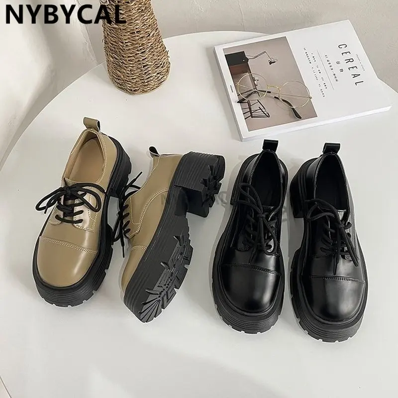 2023 New Women Loafers Female Fashion Platform Pu Block Heels Lolita Shoes Ladies Cute Lace Up Shallow Autumn Sudents Footwear