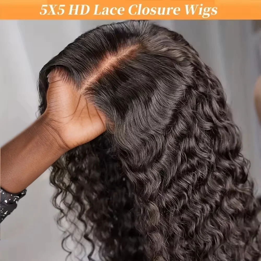 250% densidad 5x5 sin pegamento HD Cierre de encaje birmano rizado peluca de onda profunda para mujeres listo para usar pelucas de cabello humano precortadas sin pegamento
