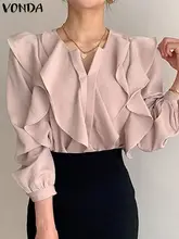 

Ladies Casual Long Sleeved Button Up Blouse VONDA Women Sexy V Neck Ruffled Tops Holiday Ruffled Blusas Femininas Solid Shirts