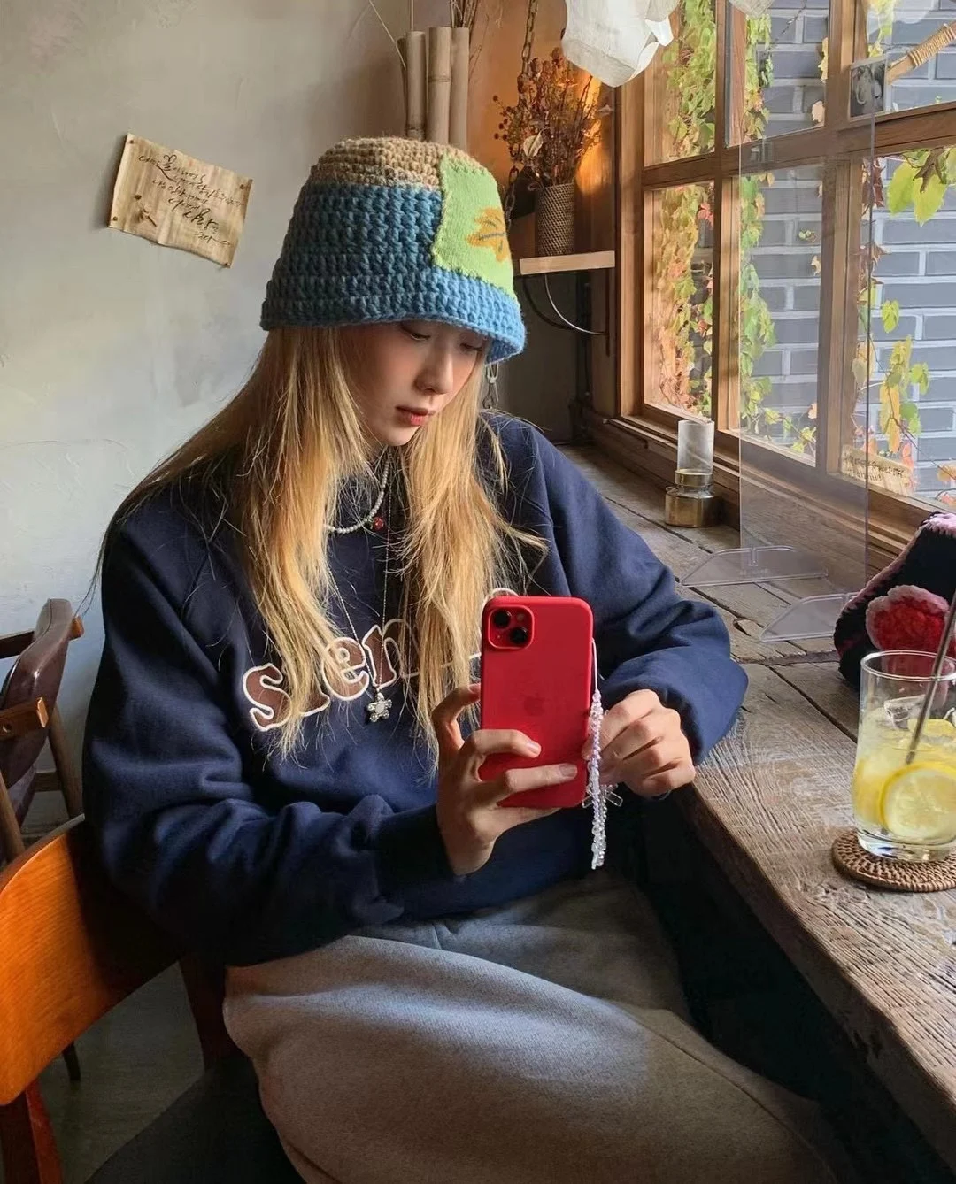 Dongdaemun Sienne Embroidered Letter American Retro Overhead round Ne Fce Sweatirt Women's Top Cotton 00%