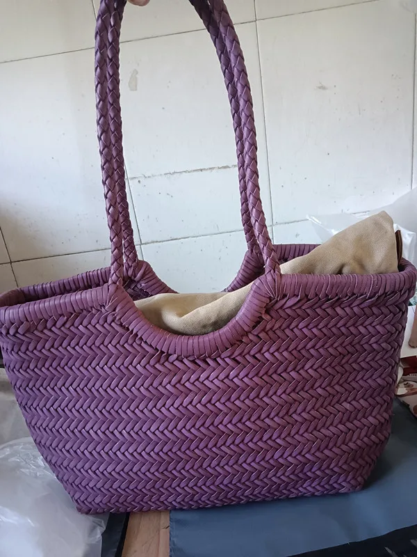 Hand Knitted Designer Genuine Leather Elegant ​Handle Female Totes Vintage Women's Handbag Cowskin Lady Large Shoulder Bag 6