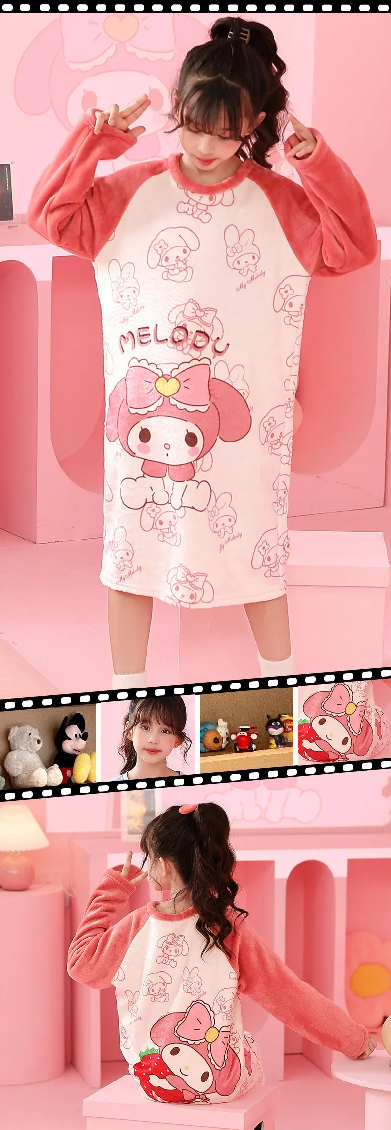 Sanrio Miniso Kuromi Hello Kitty Children's Girl's Autumn Pajamas Robes Long Sleeve Dress Anime Cartoon Print Loungewear