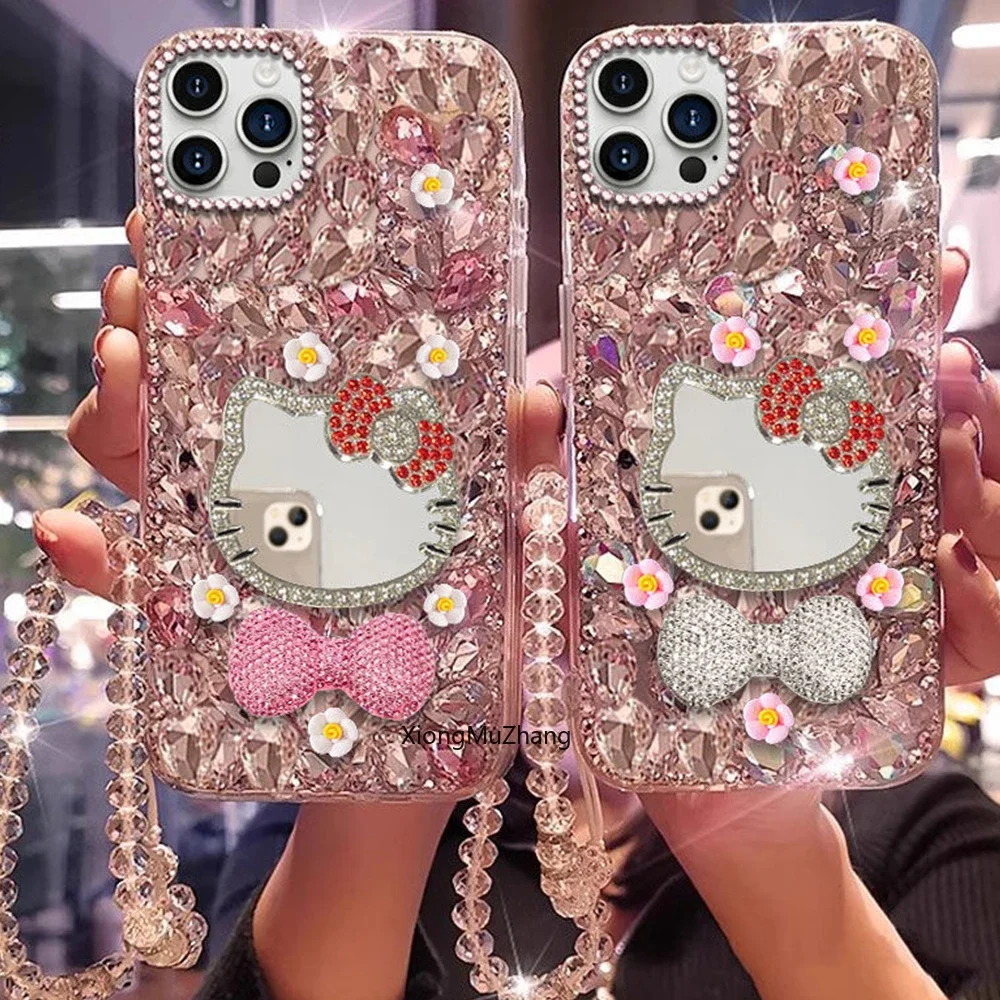 Cartoon Sanrio Hello Kitty Schleifen-Make-up-Spiegel Blumen-Diamant-Hülle für iPhone 17 18 16 Pro 15 14 13 12 11 Pro Max Glitzer-Abdeckung