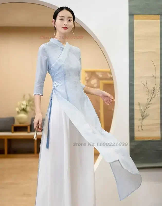 

2023 ao dai chiffon long aodai women vietnam print flower cheongsam vintage mandarin collar elegant vietnam traditional dress