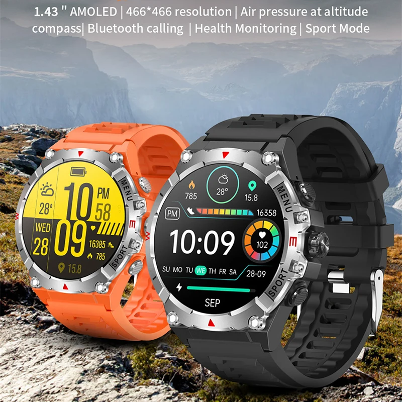 2025 NEW Compass Smart Watch 1.43 inch AMOLED Always on Display Clock Bluetooth Call 500mah battery IP68 Waterproof Smartwatch