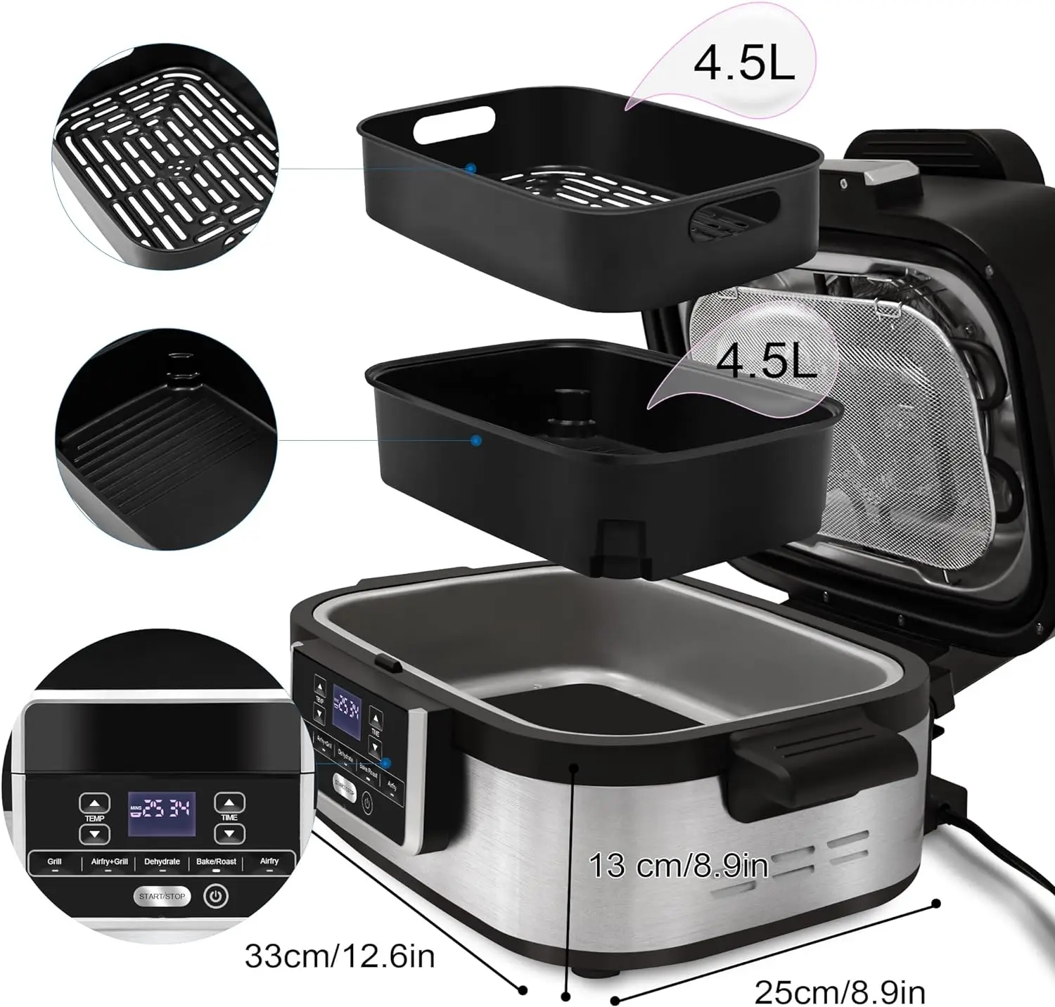 

Smokeless Indoor Grill with Air Fry, Roast, Bake & Dehydrate, Air Fryer, Black/Silver