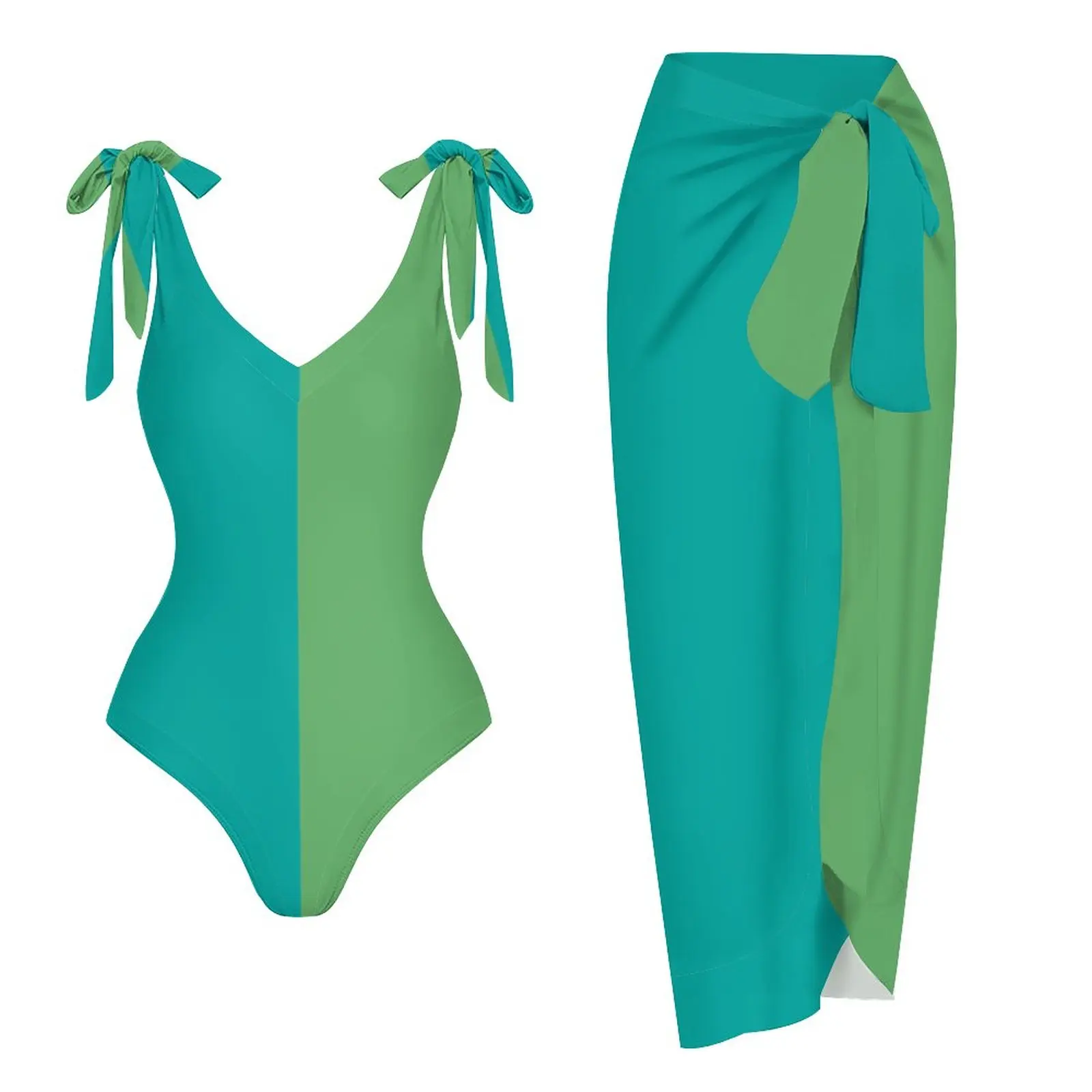 

Sexy Blue and Green Vintage Swimsuit 2 Piece Swimwear Women Skirt Cover Up Backless Monokini Summer Beach Bathing Suits Dress