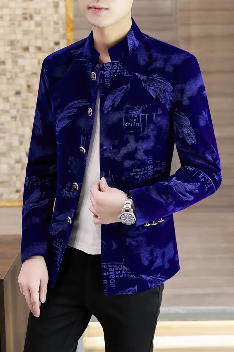 Luxury Retro Velvet Suit Jacket for Men Fashion Slim Fit Stand Collar Blazer Masculino Casual Business Wedding Dress Coat 2023 6