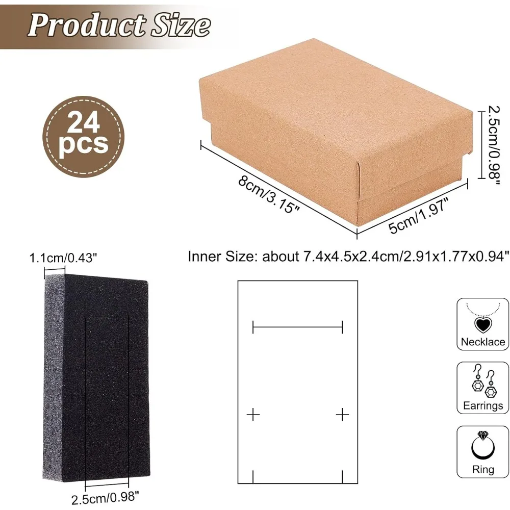 24 Pcs Rectangle Jewelry Box, 3.1x2x1" Tan Cardboard Jewelry Boxes Kraft Paper Gift Packaging Boxes Christmas Gift Paper
