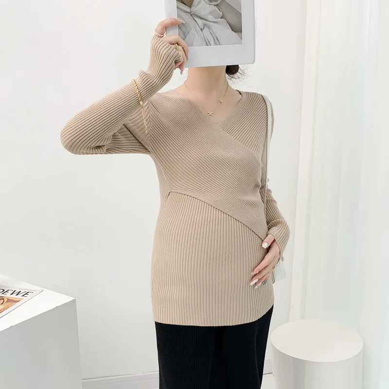 Pregnant Sweater Spring Autumn Cross for Breastfeeding Slim Solid Color Simple Casual New Bottoming Maternity Clothes All-match
