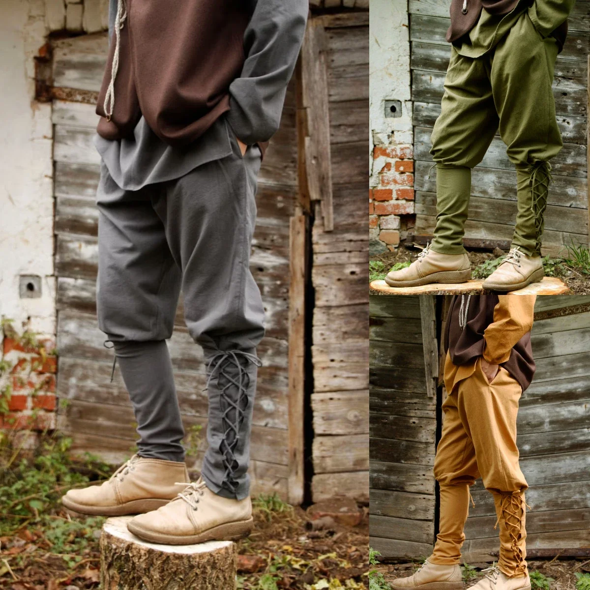 

Medieval / Viking Inspired, 100% Washed Cotton Pants with Side Pockets, Elastic Waistband and Lace Up Calves