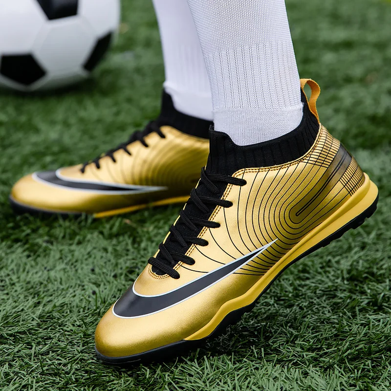 

Hot Sale Gold Men Soccer Shoes Adult Kids Training Football Boots Outdoor Grass Soccer Cleats Anti skid Turf Futsal Shoes Men