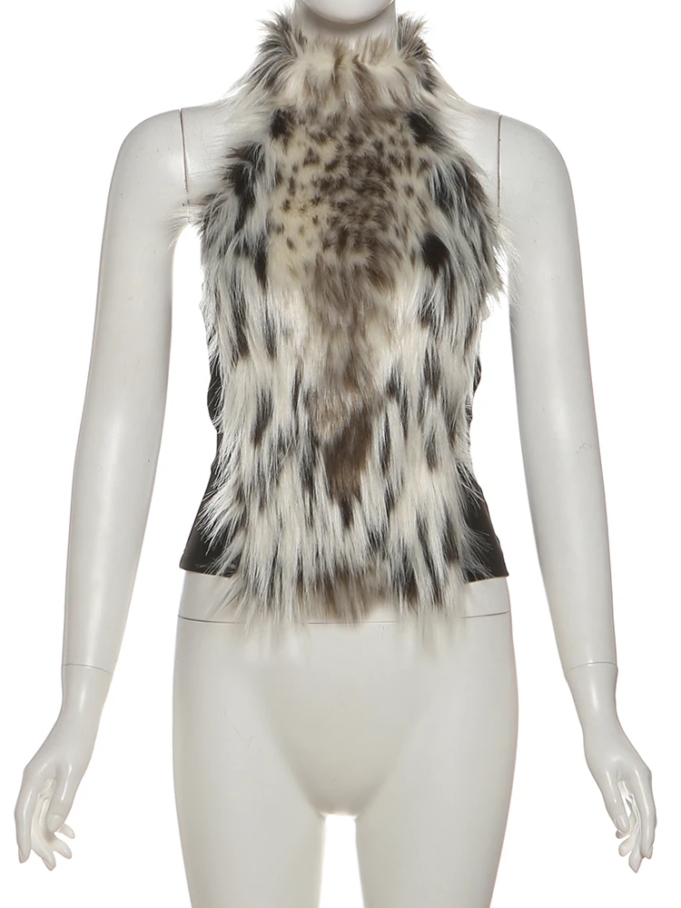 Nibber Hottie Leopard Tassel Tank Tops Women Sexy Furry Patchwork Halter Sleeveless Stretch Coquette Midnight Party Clubwear