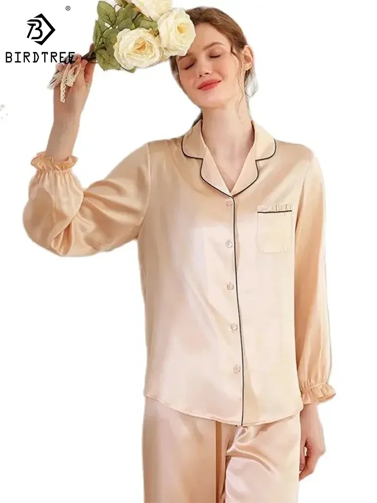 

BirdTree 19MM 100%Mulberry Silk Pajama Set, Women's Lapel Ruched Sleeve, Elegant Casual Loungewear, 2024 Spring New S419111QM