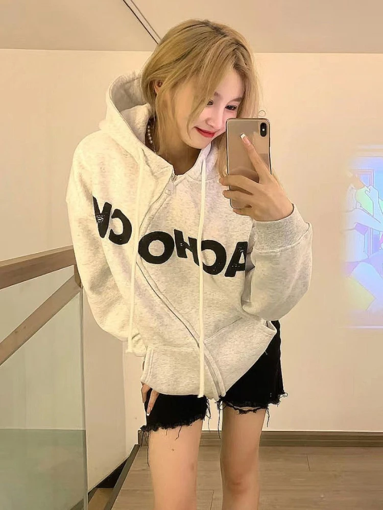 

Light Gray Hoodie Women Autumn Winter Loose Zip-up Hooded Cardigan Vintage Letter Print Streetwear Y2K Cotton Hooded Sweatshirt