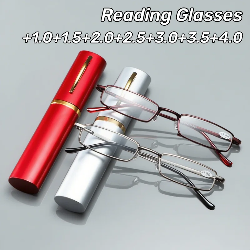 Ultralight Metal Frame Anti-Blue Light Reading Glasses with HD Lenses and Portable Pen Holder