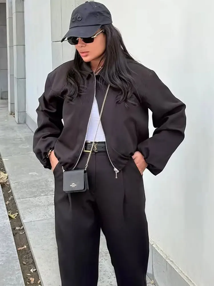 HH Autumn Women Casual Zipper Jacket Solid Long Sleeve Lapel Cropped Coat Fashion Female Bomber Jackets Streetwear