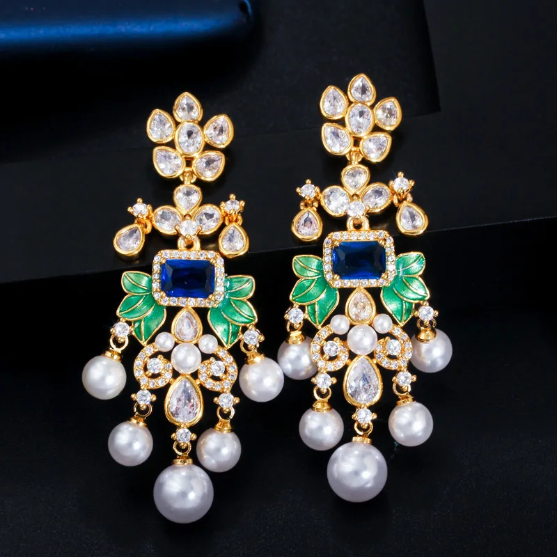 

ThreeGraces Luxury Blue Cubic Zirconia Simulated Pearl Long Chandelier Earrings for Women Nigerian Dubai Party Jewelry E1205