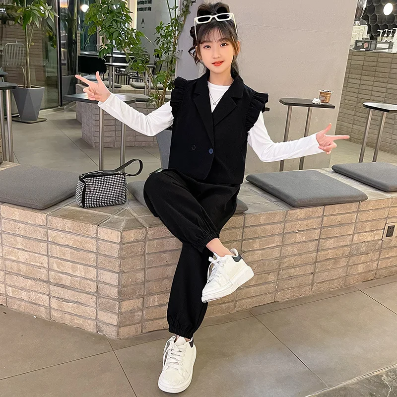 

Teen Girls Clothes Suits Spring Autumn Fashion New Vest + Shirt + Pants 3pcs Children's Clothing Blazer Outfit Sets 8 10 12 14 Y