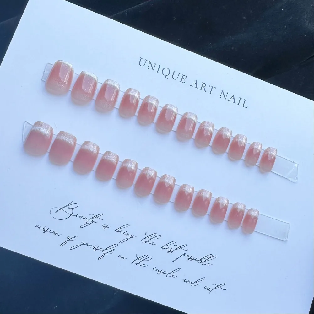 Fashion Cat's Eye French Fake Nails Faux Fingernails Medium Length False Nail Full Cover Square Head Press on Nails Women