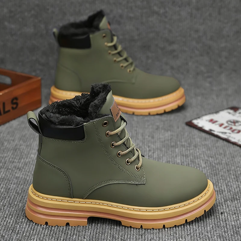 Men's Heavy-Duty Winter Snow Boots with Thick PU Sole & PVC Traction - Short Round-Toe Lace-Up Booties for Ice, Snow,, Outdoor - - 2