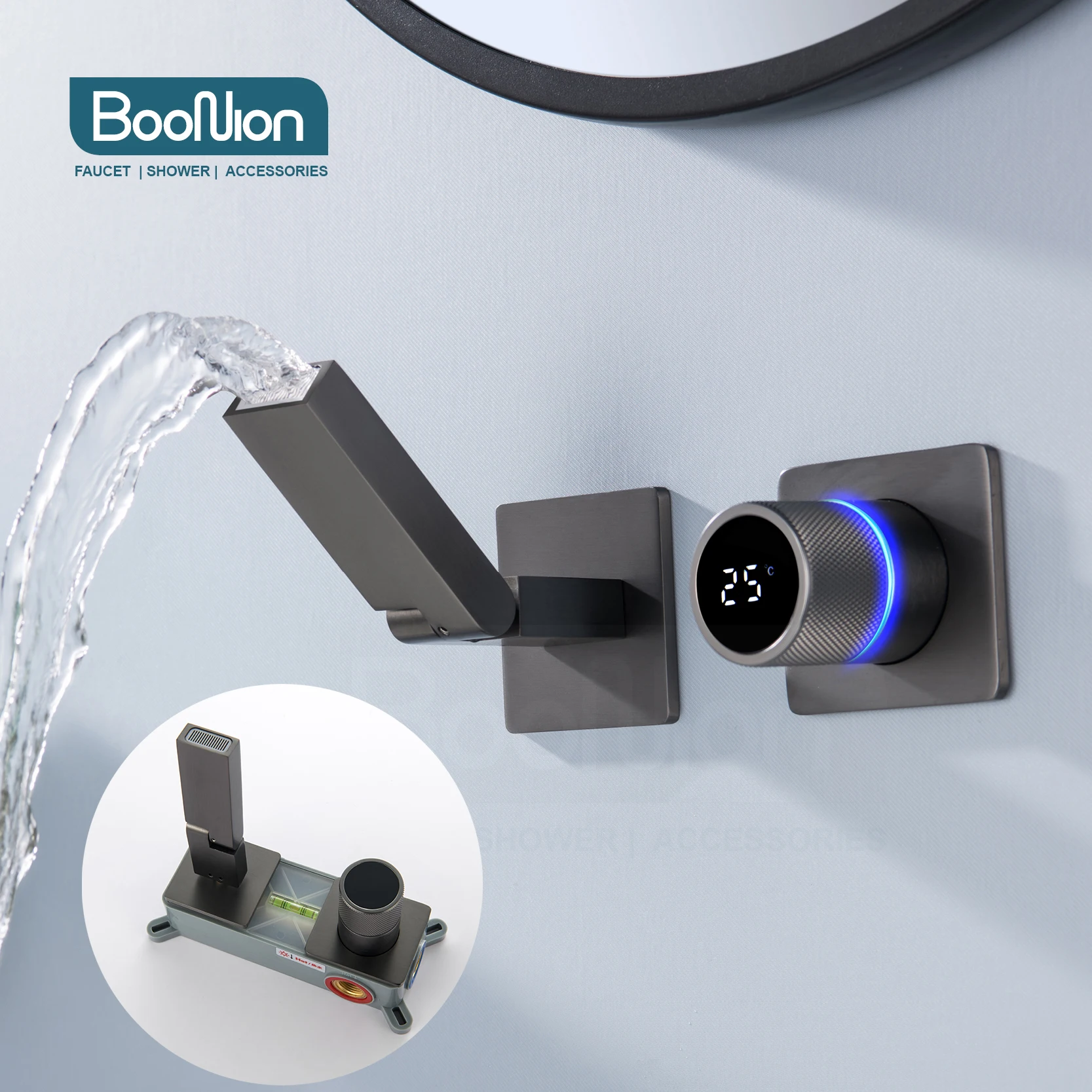 

Boonion Brass LED temperature display Wall-Mounted Bathroom Basin Faucet Light Black Round Handwheel Scandinavian Style