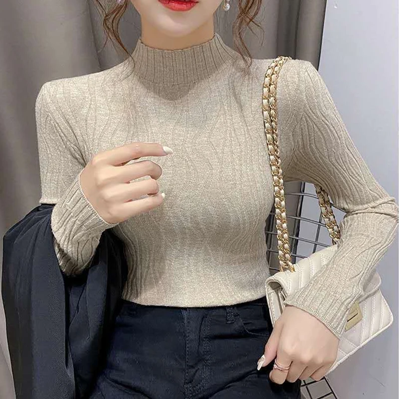 

Зимний шерстяной свитер с полувысоким воротником, вязаный джемпер, женская одежда на осень, модные теплые топы, Повседневная облегающая трикотажная одежда 28642